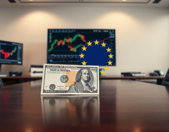 Euro currency and US dollar banknote on a trading desk with charts in background