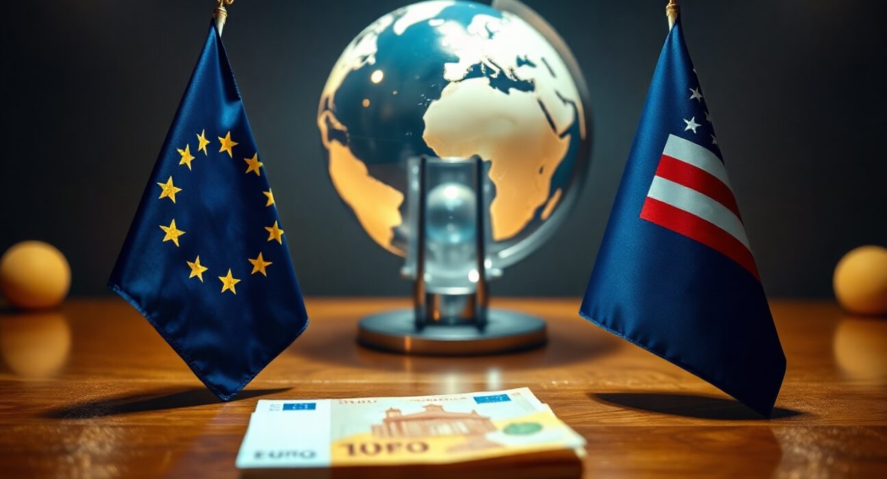 Euro banknotes with EU and US flags under dramatic lighting symbolizing geopolitical tension and currency market pressure.
