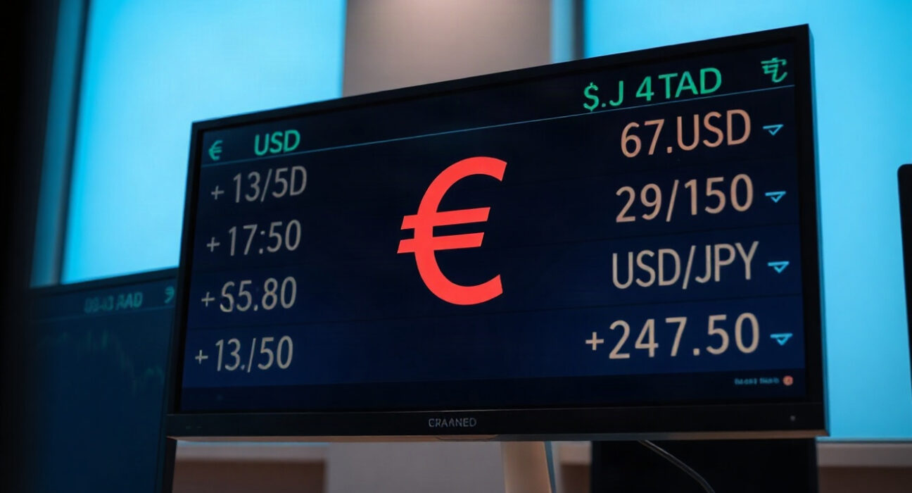 Euro currency symbol displayed on a trading screen with exchange rates