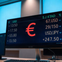 Euro currency symbol displayed on a trading screen with exchange rates