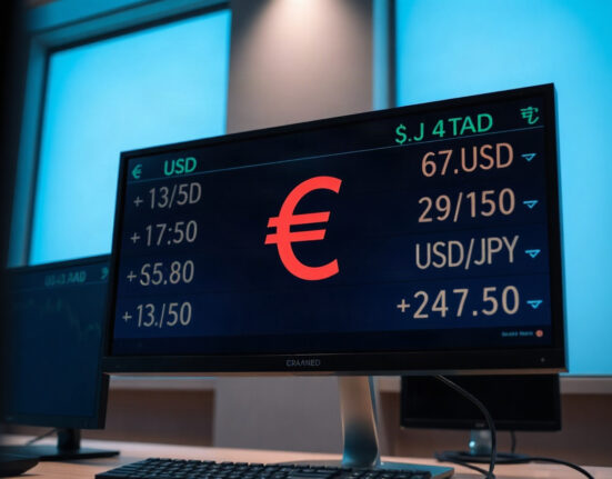 Euro currency symbol displayed on a trading screen with exchange rates