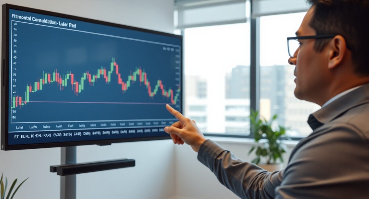 Financial analyst pointing at EUR/USD sideways trading range on a chart