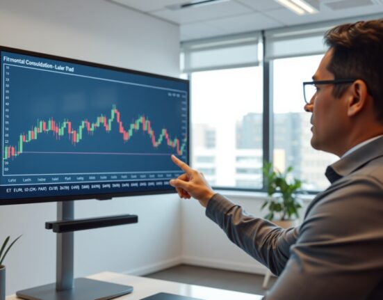 Financial analyst pointing at EUR/USD sideways trading range on a chart