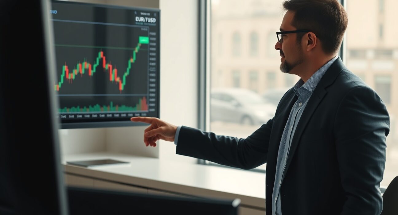 Financial analyst pointing at EUR/USD sideways chart on digital screen.