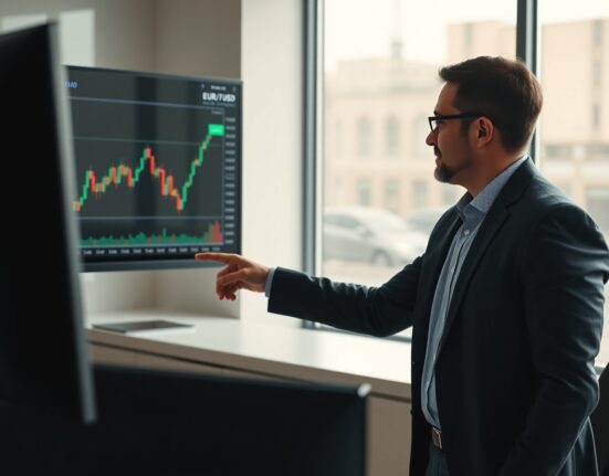 Financial analyst pointing at EUR/USD sideways chart on digital screen.