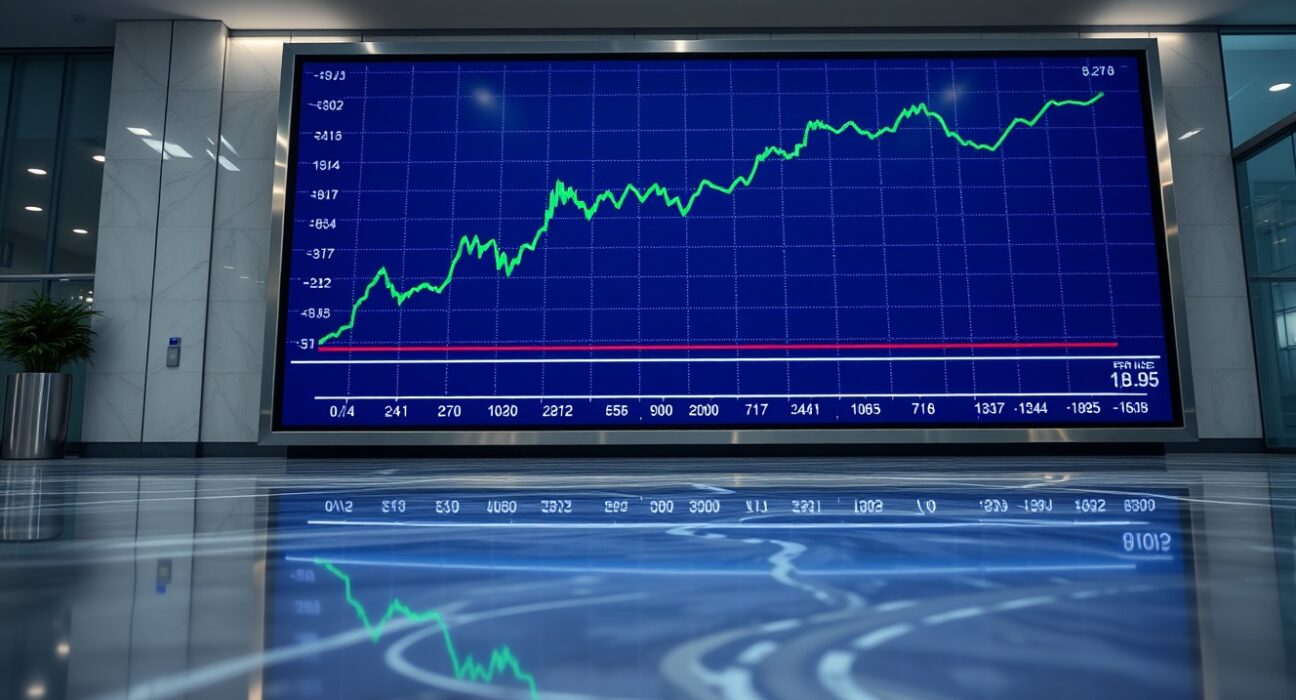 Electronic trading board showing EUR/USD exchange rate chart with upward trend in a financial district.