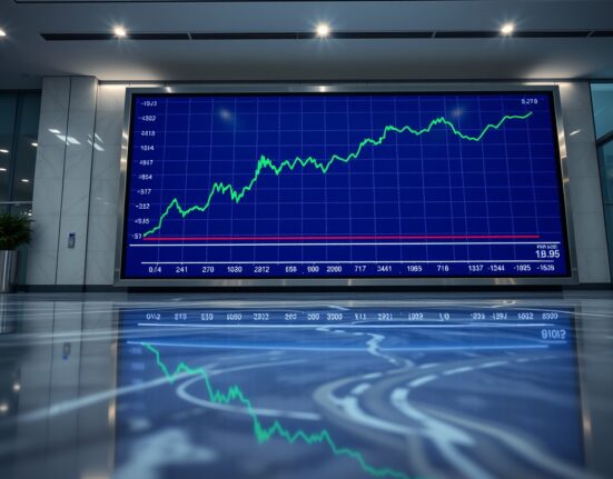 Electronic trading board showing EUR/USD exchange rate chart with upward trend in a financial district.