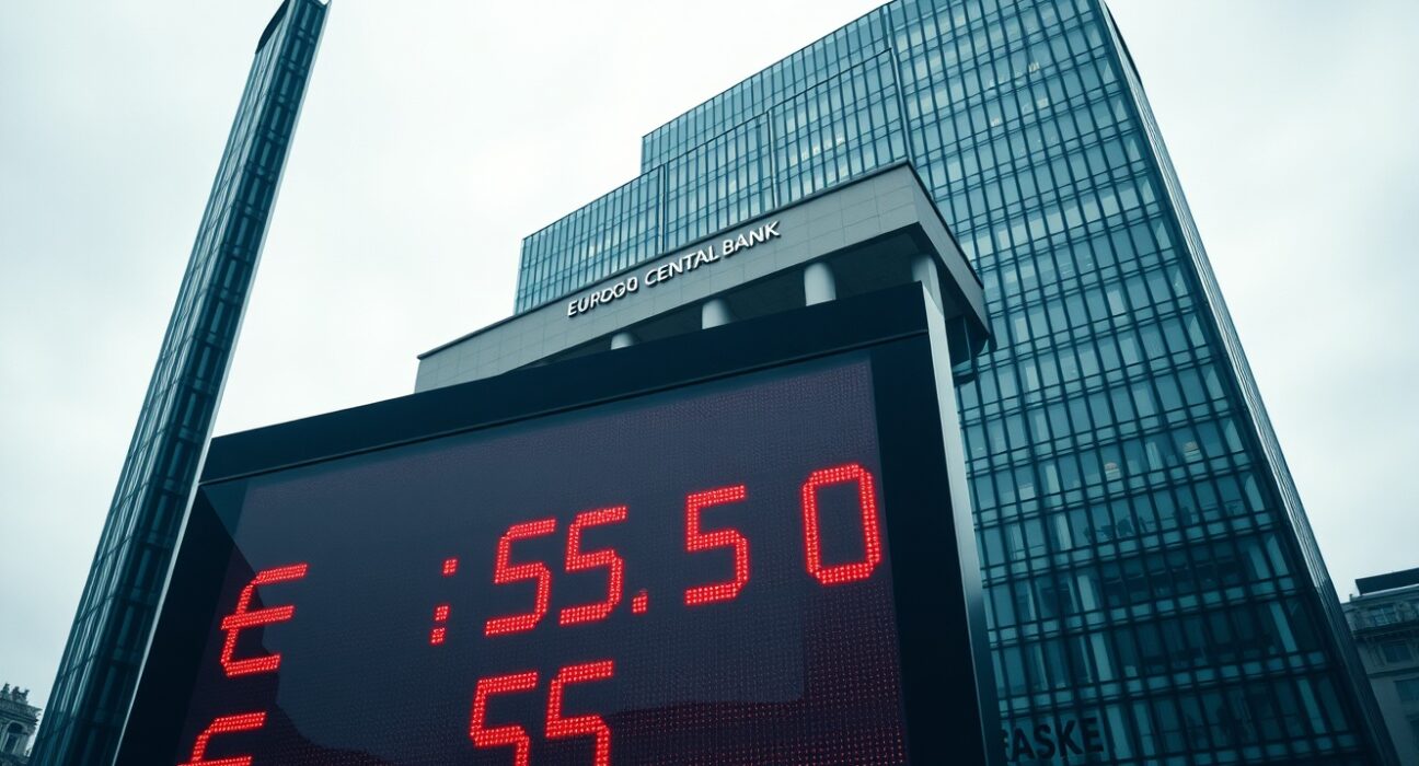 ECB building in Frankfurt with digital board showing falling EUR/USD rates
