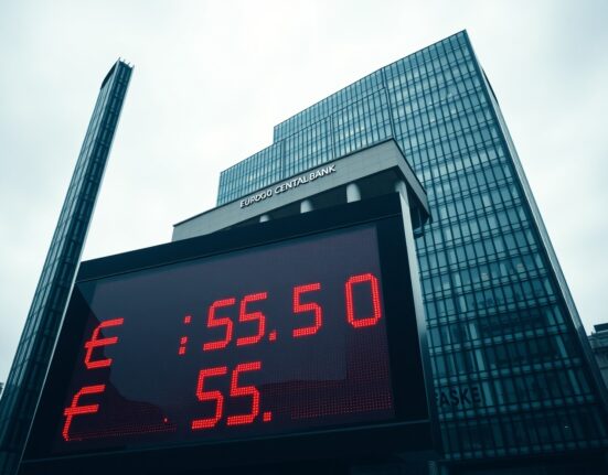 ECB building in Frankfurt with digital board showing falling EUR/USD rates
