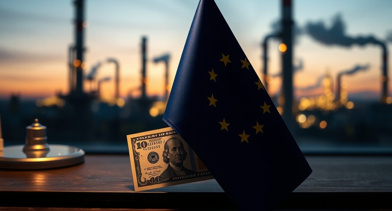 European Union flag and US dollar on a desk with an oil refinery in the background
