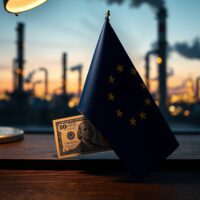 European Union flag and US dollar on a desk with an oil refinery in the background
