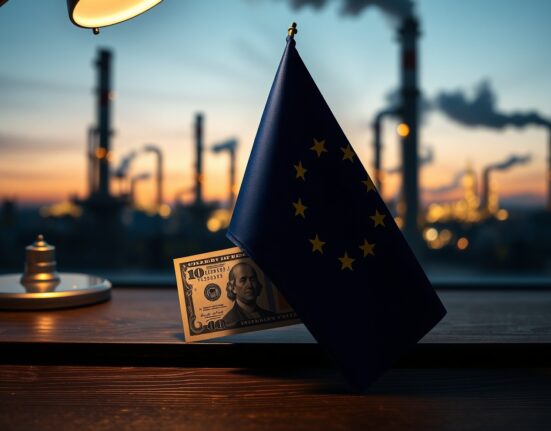 European Union flag and US dollar on a desk with an oil refinery in the background