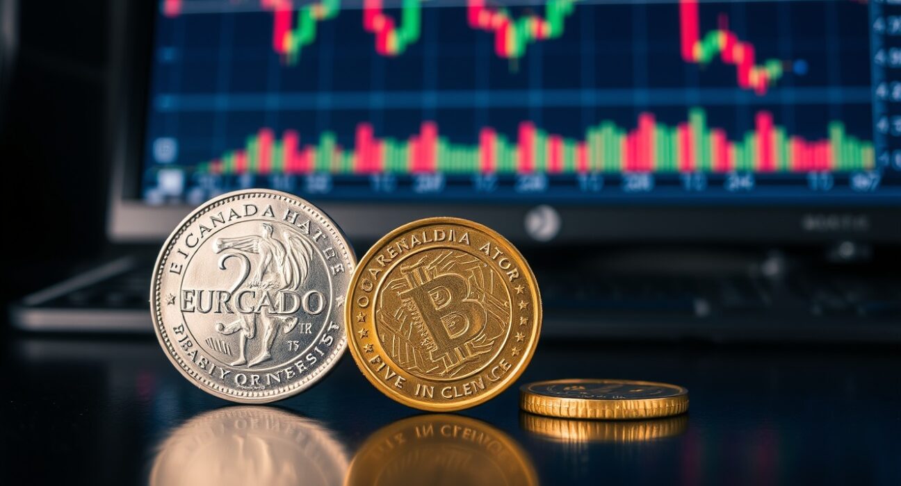 Euro and Canadian dollar coins on a desk with a financial chart showing EUR/CAD exchange rate decline.