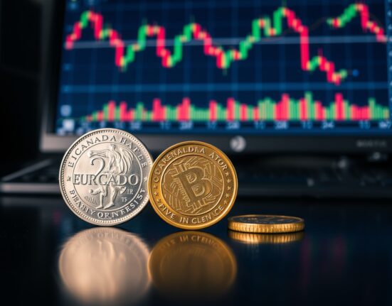 Euro and Canadian dollar coins on a desk with a financial chart showing EUR/CAD exchange rate decline.