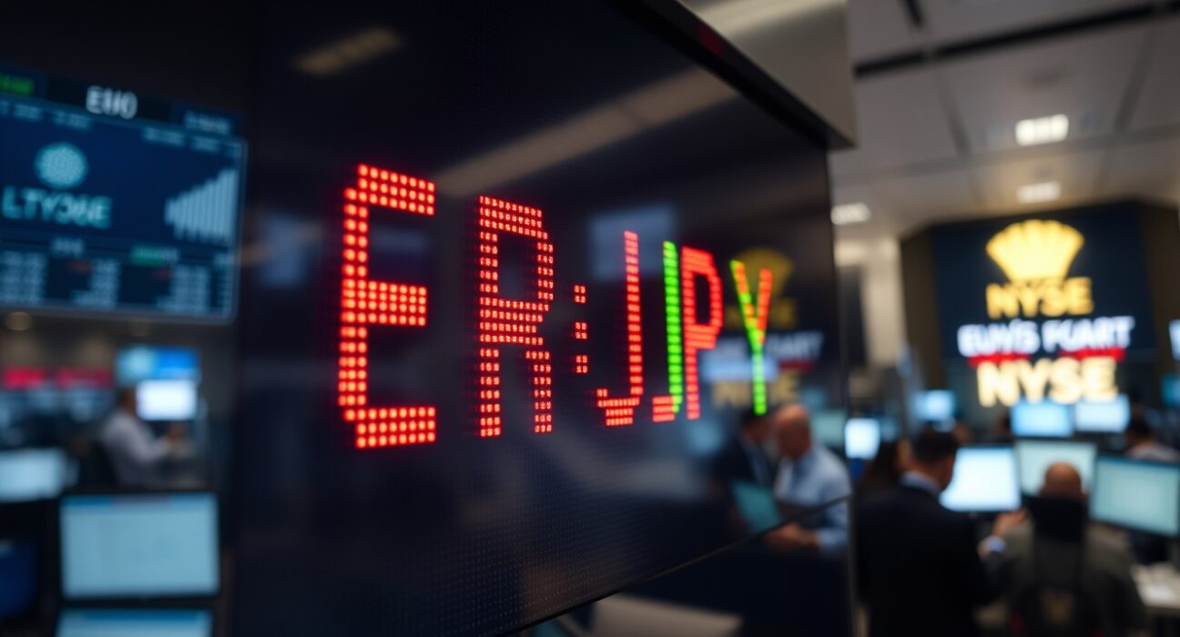 EUR/JPY exchange rate displayed on a trading screen with financial market background