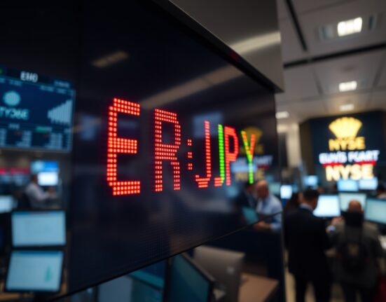 EUR/JPY exchange rate displayed on a trading screen with financial market background