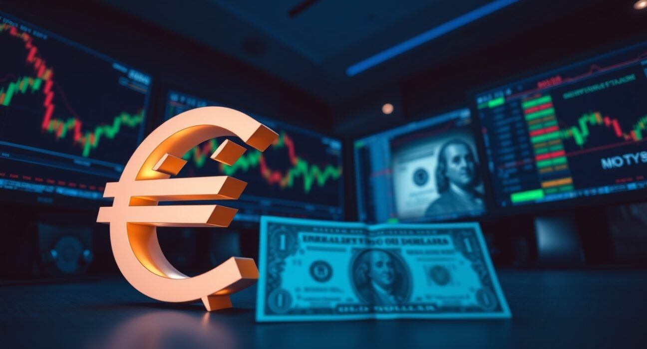 Euro currency symbol in foreground with U.S. dollar bill and trading screens in background