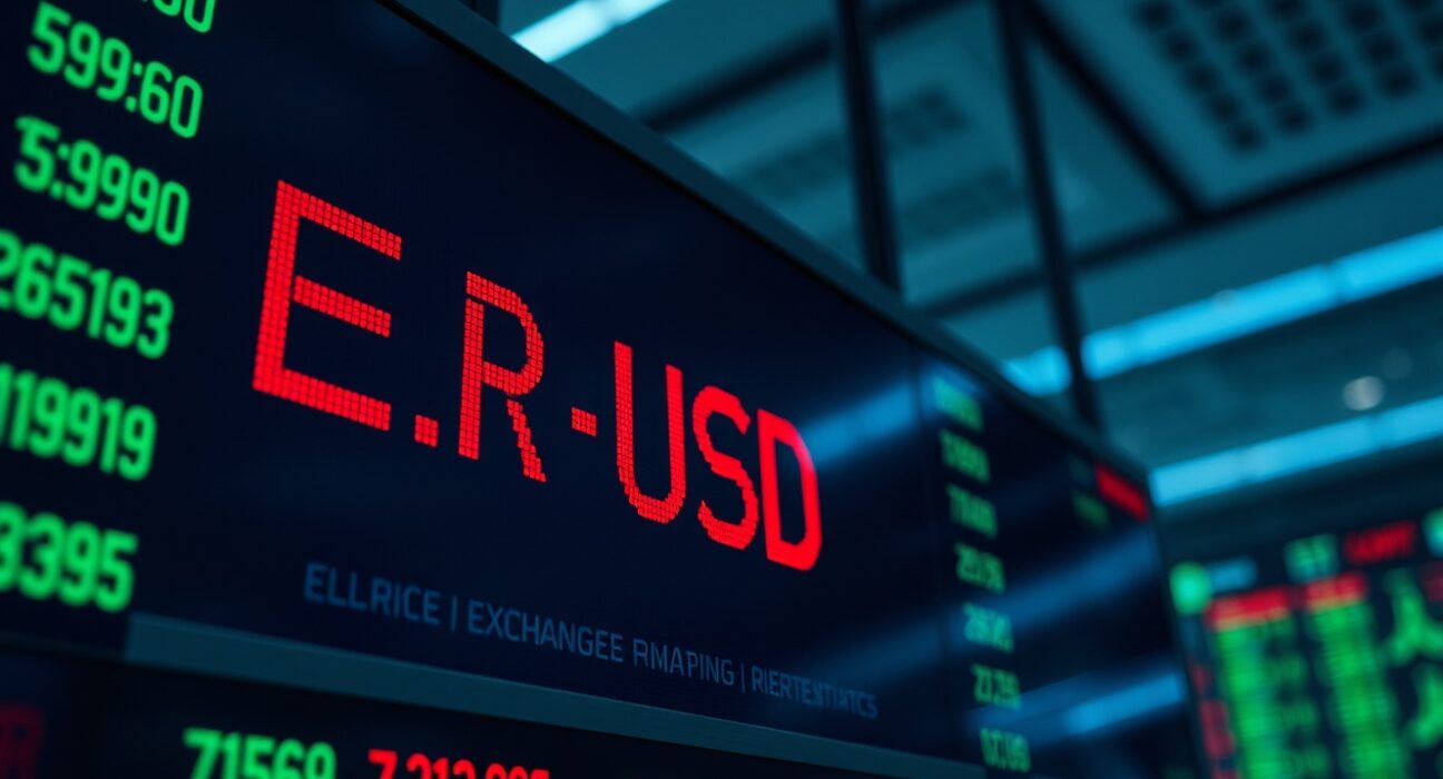EUR/USD exchange rate board showing decline on a trading floor