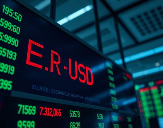 EUR/USD exchange rate board showing decline on a trading floor