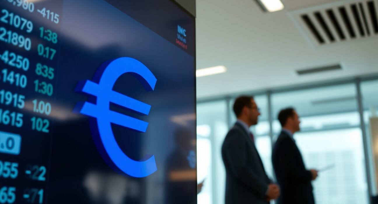 Euro and US dollar symbols on a financial trading board amid market uncertainty