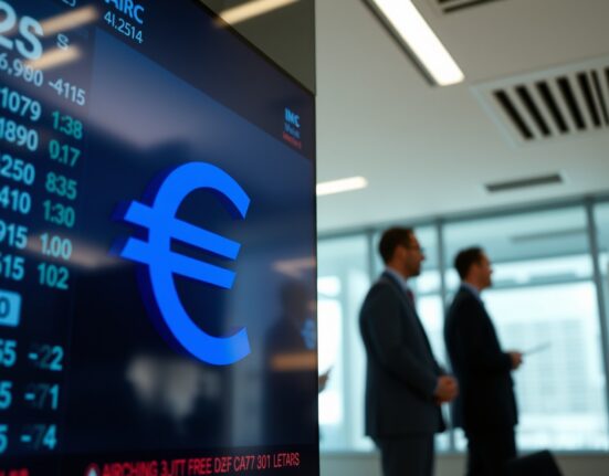 Euro and US dollar symbols on a financial trading board amid market uncertainty
