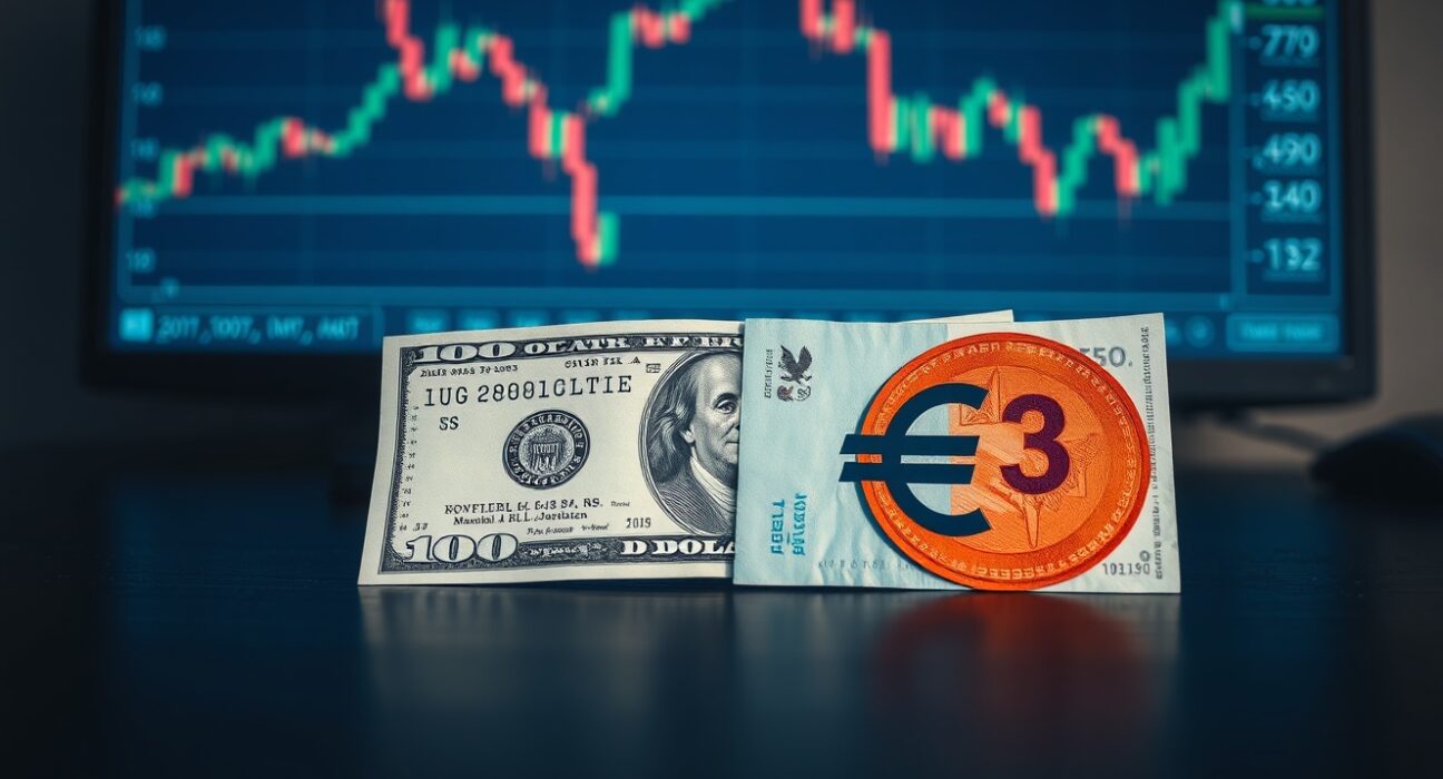 Euro and US dollar banknotes on a desk with a financial chart in the background, illustrating currency market reaction to inflation data.