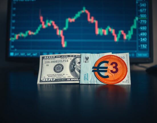 Euro and US dollar banknotes on a desk with a financial chart in the background, illustrating currency market reaction to inflation data.