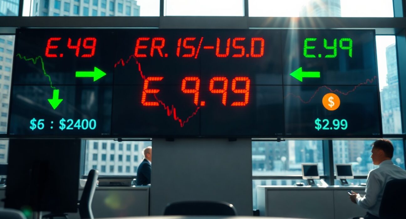 EUR/USD exchange rate screen showing decline on a financial trading floor