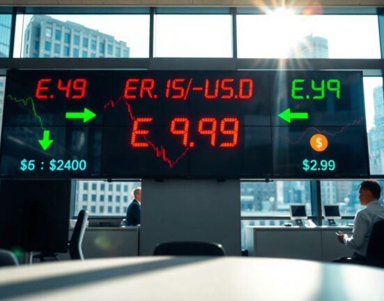 EUR/USD exchange rate screen showing decline on a financial trading floor