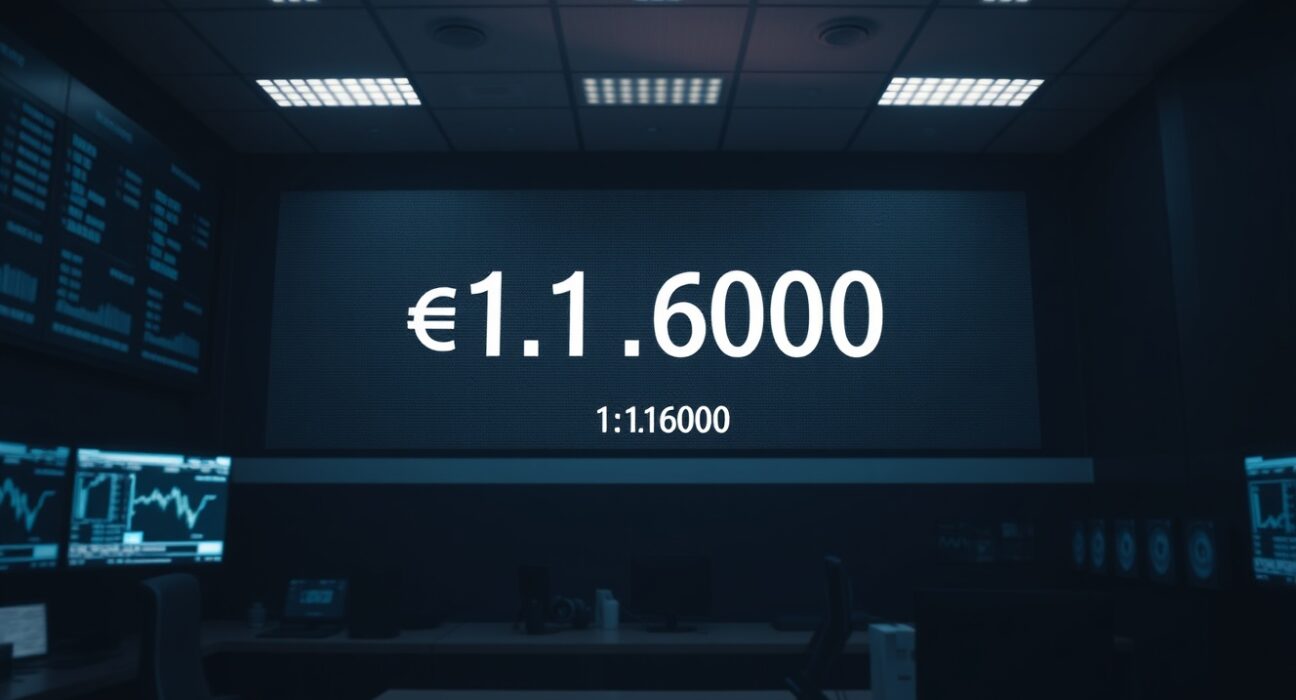 Digital trading screen showing EUR/USD exchange rate near 1.1600 in a dimly lit trading floor environment.