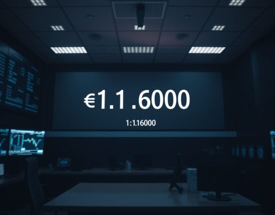 Digital trading screen showing EUR/USD exchange rate near 1.1600 in a dimly lit trading floor environment.