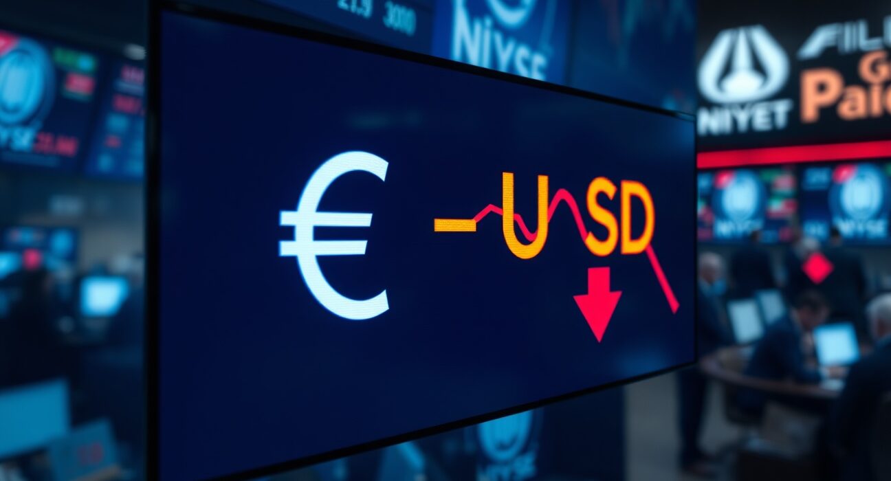 EUR/USD exchange rate display showing Euro decline against US dollar on trading floor