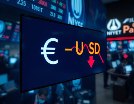 EUR/USD exchange rate display showing Euro decline against US dollar on trading floor