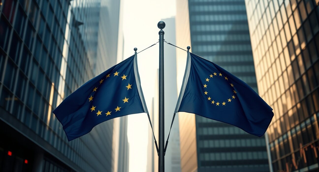 EU and US flags with financial chart overlay representing euro and dollar exchange rate volatility.