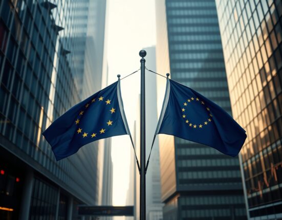 EU and US flags with financial chart overlay representing euro and dollar exchange rate volatility.