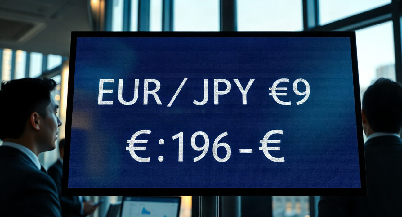 Currency trading screen showing EUR/JPY exchange rate with yen and euro symbols