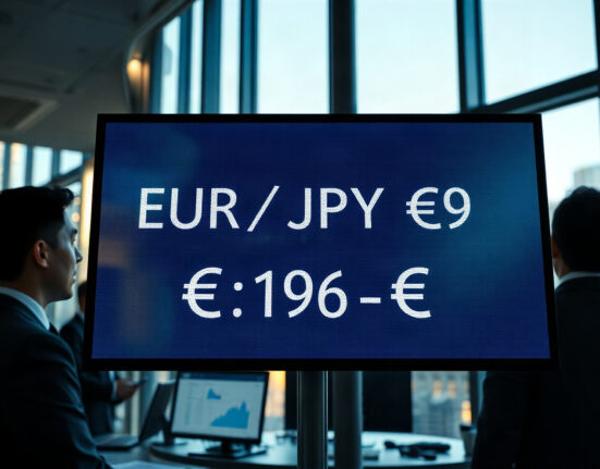 Currency trading screen showing EUR/JPY exchange rate with yen and euro symbols