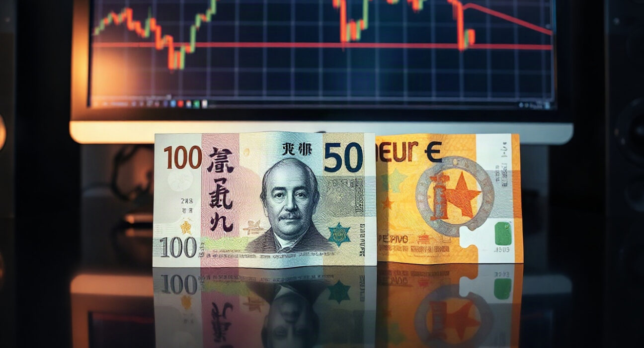 Euro and Japanese yen banknotes on a trading desk with a declining chart on screen