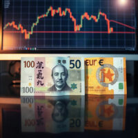 Euro and Japanese yen banknotes on a trading desk with a declining chart on screen