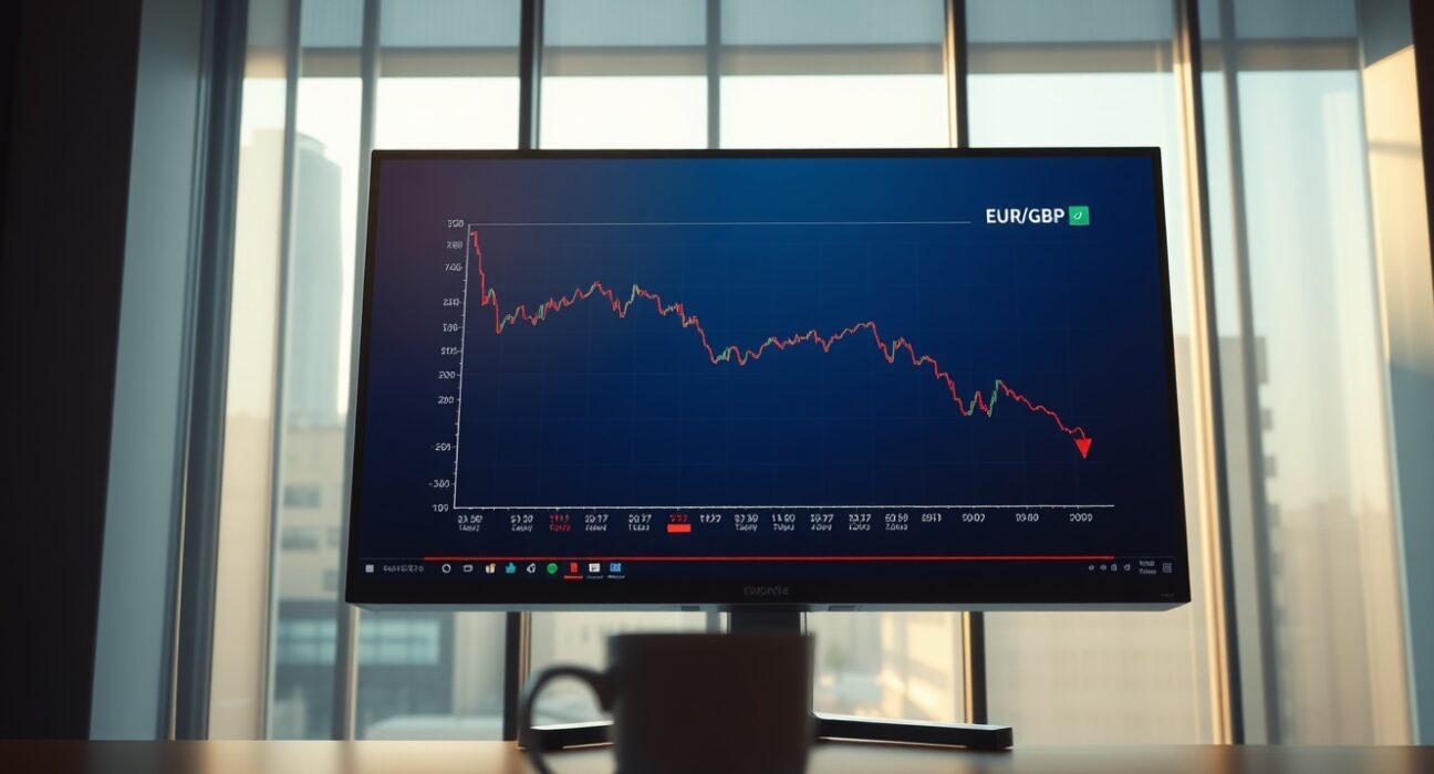 Euro and British Pound currency exchange chart on a monitor in a financial trading office with ECB building in background