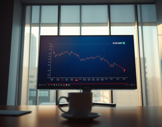 Euro and British Pound currency exchange chart on a monitor in a financial trading office with ECB building in background