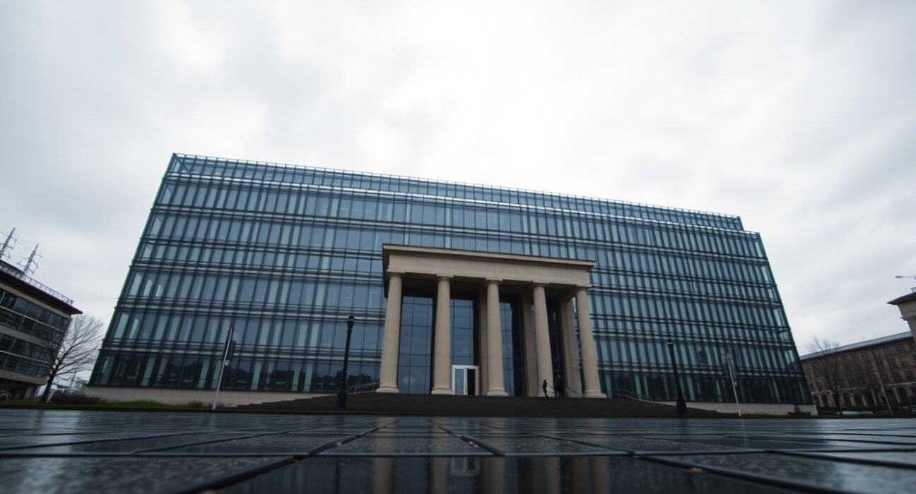 European Central Bank headquarters in Frankfurt with a subtle currency chart reflection on the pavement.
