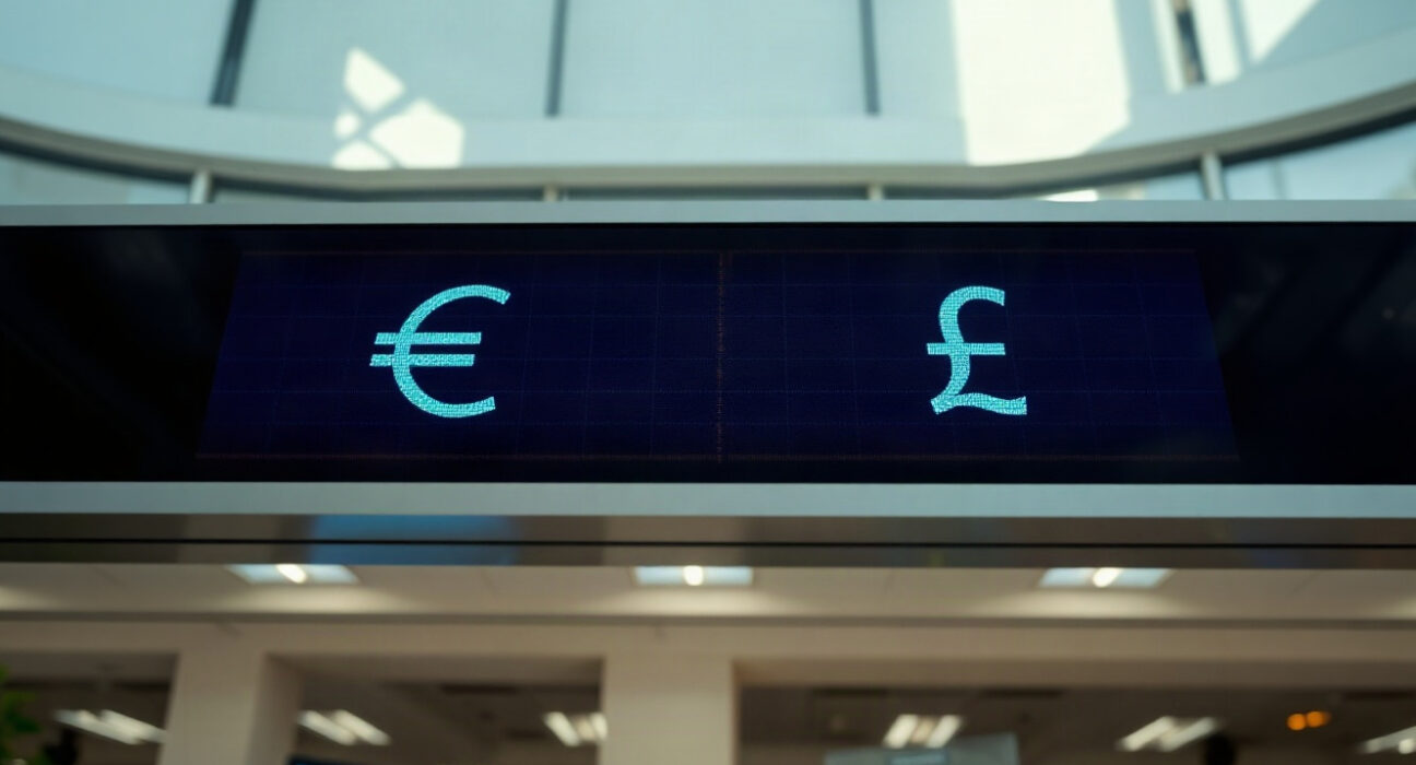 Euro and British Pound exchange rate displayed on a financial screen