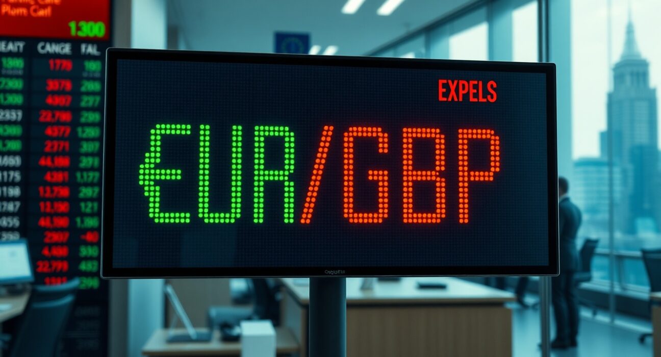 EUR/GBP exchange rate displayed on a digital trading board in a financial district