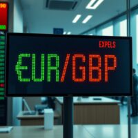 EUR/GBP exchange rate displayed on a digital trading board in a financial district