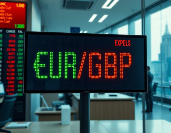 EUR/GBP exchange rate displayed on a digital trading board in a financial district