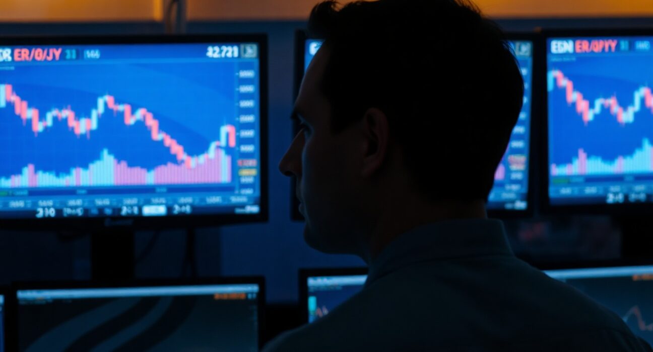 Trader monitoring EUR/JPY exchange rate charts on multiple screens in a dimly lit trading floor