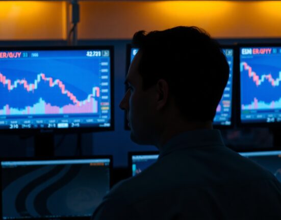 Trader monitoring EUR/JPY exchange rate charts on multiple screens in a dimly lit trading floor