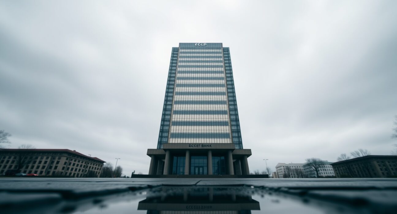 European Central Bank headquarters in Frankfurt on a cloudy day, representing eurozone monetary policy and currency markets.
