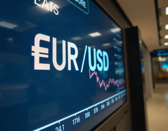 EUR/USD price chart showing decline below 1.1700 on a trading screen